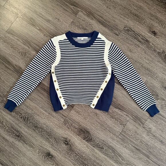 Veronica Beard Striped Milou Ottoman Snap Mock Neck Sweater - Picture 1 of 9